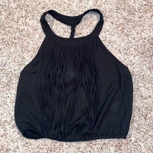 Sheer black top, fringe detail, size M